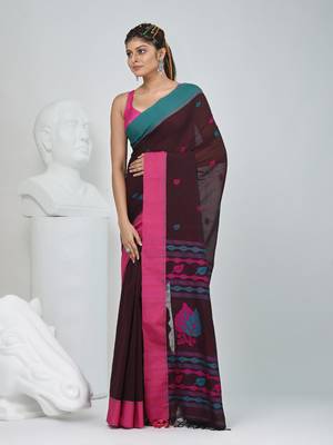 Brown cotton saree with pink and teal border & leaf design 2