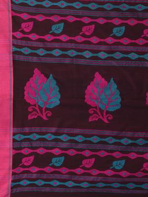 Brown cotton saree with pink and teal border & leaf design 4