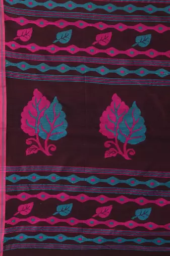 Brown cotton saree with pink and teal border & leaf design