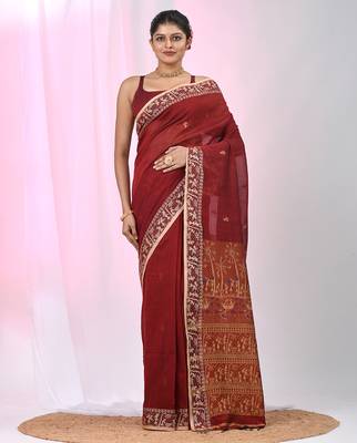 Dark red cotton saree with beige border and traditional woven pallu 1
