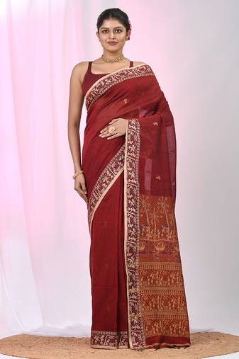 Dark red cotton saree with beige border and traditional woven pallu