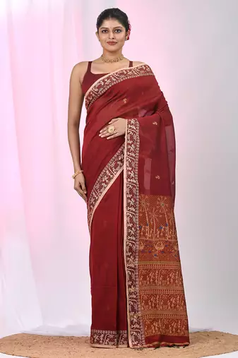 Dark red cotton saree with beige border and traditional woven pallu
