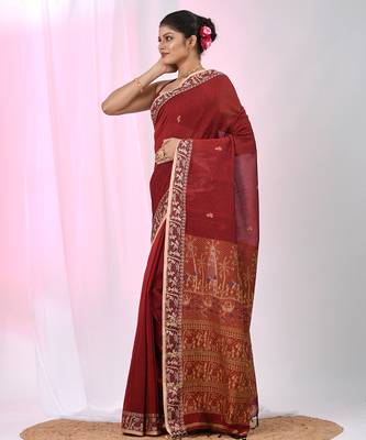 Dark red cotton saree with beige border and traditional woven pallu 2