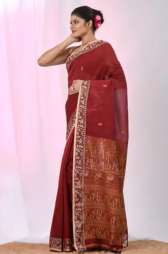 Dark red cotton saree with beige border and traditional woven pallu
