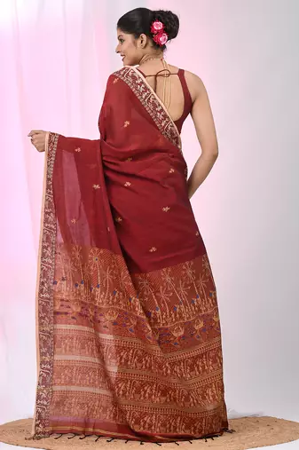 Dark red cotton saree with beige border and traditional woven pallu