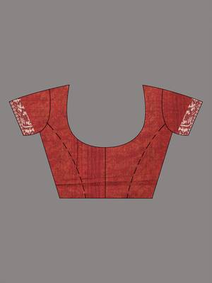 Dark red cotton saree with beige border and traditional woven pallu 4