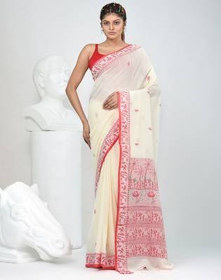 Off white cotton saree with beige border and traditional woven pallu 1