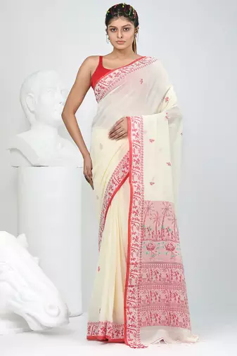 Off white cotton saree with beige border and traditional woven pallu
