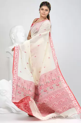 Off white cotton saree with beige border and traditional woven pallu
