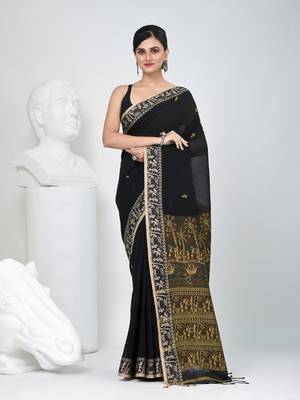Black cotton saree with beige border and traditional woven pallu 1