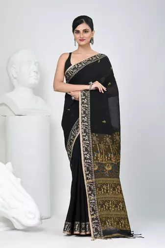 Black cotton saree with beige border and traditional woven pallu