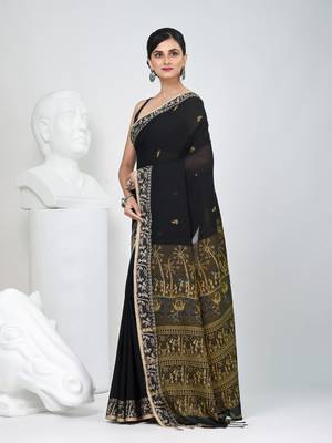 Black cotton saree with beige border and traditional woven pallu 2