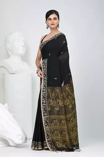 Black cotton saree with beige border and traditional woven pallu