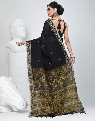Black cotton saree with beige border and traditional woven pallu 3