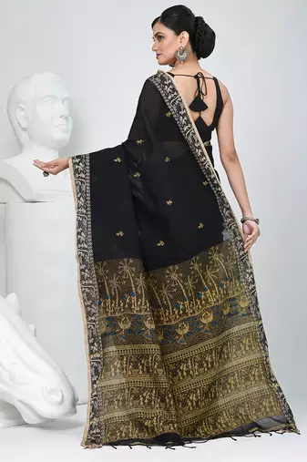 Black cotton saree with beige border and traditional woven pallu