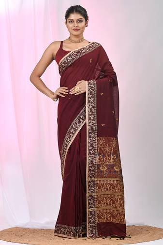 Maroon cotton saree with beige border and traditional woven pallu