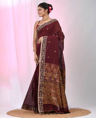 Maroon cotton saree with beige border and traditional woven pallu 2