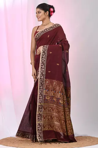 Maroon cotton saree with beige border and traditional woven pallu