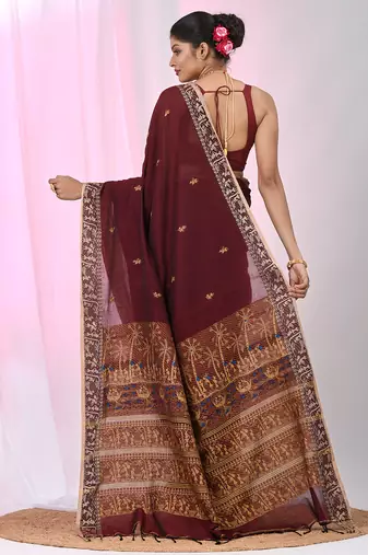 Maroon cotton saree with beige border and traditional woven pallu