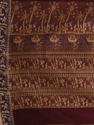 Maroon cotton saree with beige border and traditional woven pallu 4