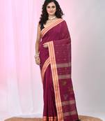 Fuchsia cotton saree with beige border & bird motif design