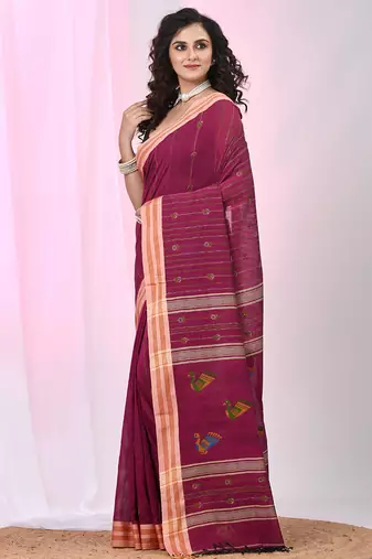 Fuchsia cotton saree with beige border & bird motif design