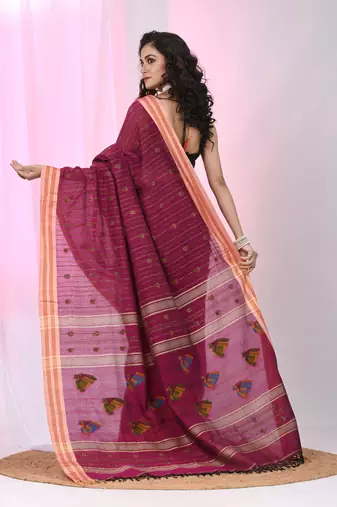 Fuchsia cotton saree with beige border & bird motif design