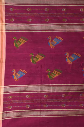 Fuchsia cotton saree with beige border & bird motif design