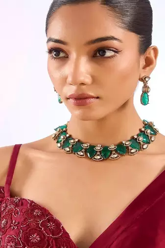 Gold plated green stone necklace set