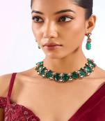 Gold plated green stone necklace set