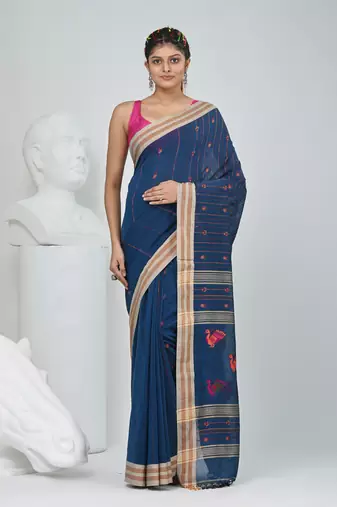 Cobalt blue cotton saree with beige border & bird motif design