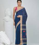 Cobalt blue cotton saree with beige border & bird motif design