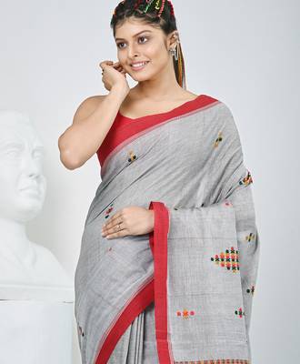 Elegant grey cotton saree with red border & woven motifs 5
