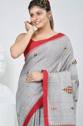 Elegant grey cotton saree with red border & woven motifs