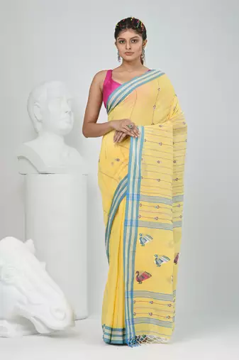 Yellow cotton saree with bird motifs and blue stripes