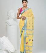 Yellow cotton saree with bird motifs and blue stripes