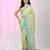 Light green cotton saree with bird motifs and blue stripes