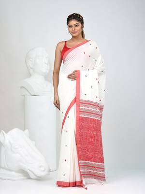 Elegant white cotton saree with red and green diamond motifs 1