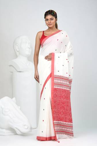 Elegant white cotton saree with red and green diamond motifs