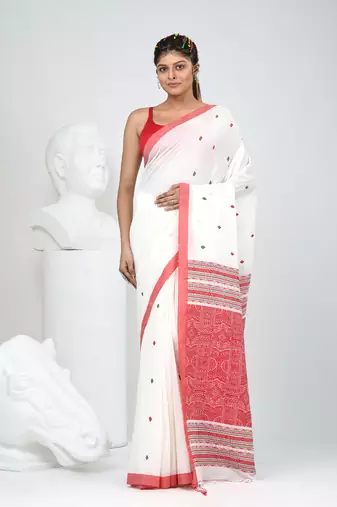 Elegant white cotton saree with red and green diamond motifs