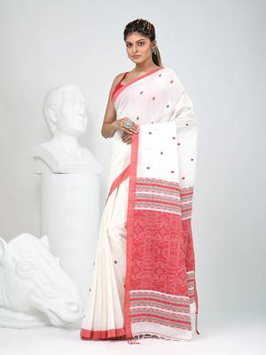 Elegant white cotton saree with red and green diamond motifs 2