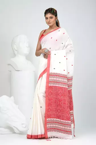 Elegant white cotton saree with red and green diamond motifs