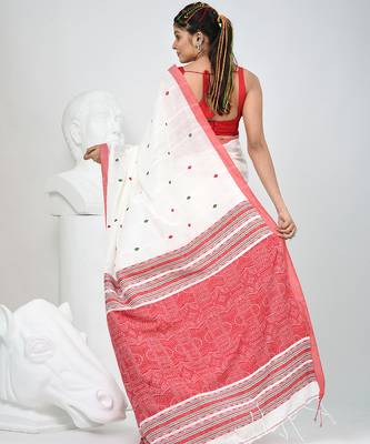 Elegant white cotton saree with red and green diamond motifs 3
