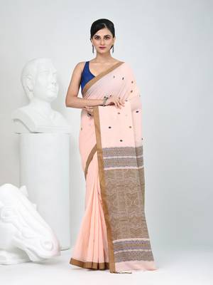 Elegant peach cotton saree with brown and black diamond motifs 1