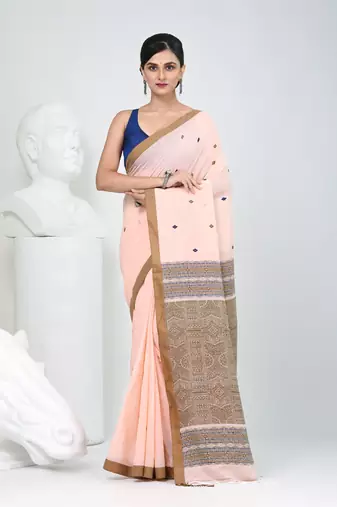 Elegant peach cotton saree with brown and black diamond motifs
