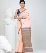 Elegant peach cotton saree with brown and black diamond motifs