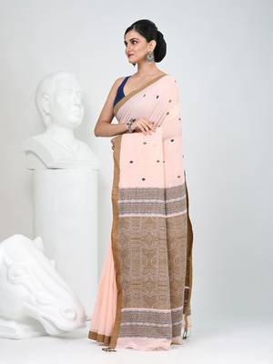 Elegant peach cotton saree with brown and black diamond motifs 2
