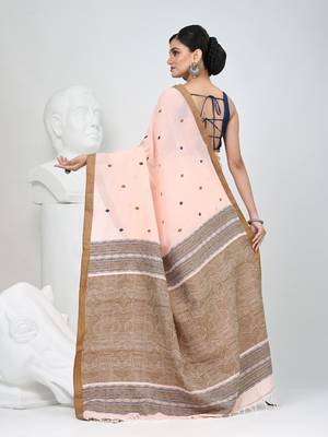 Elegant peach cotton saree with brown and black diamond motifs 3