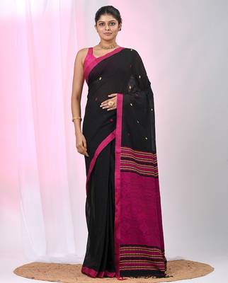 Elegant black cotton saree with pink and yellow diamond motifs 1