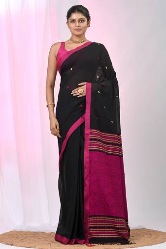 Elegant black cotton saree with pink and yellow diamond motifs